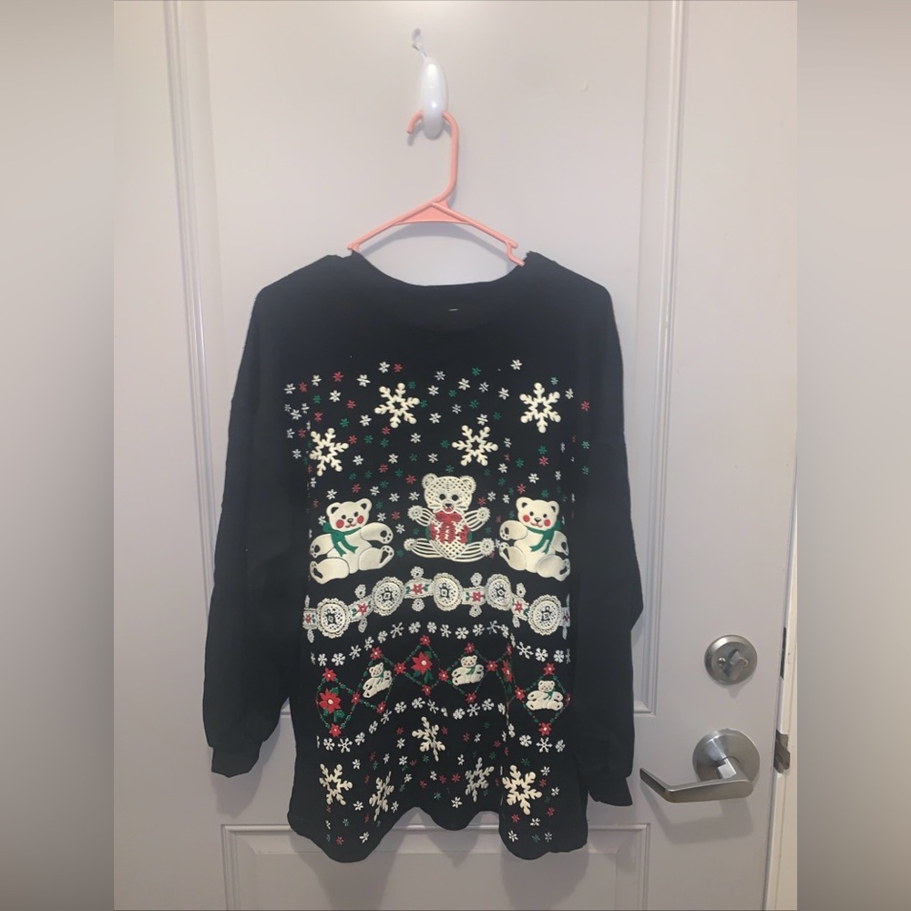 Festive Black Sweater with Snowflake and Bear Design